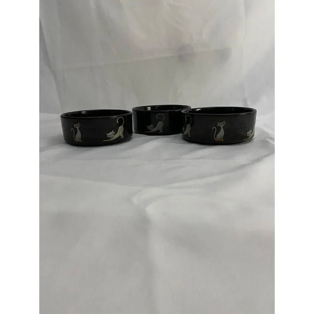 3 Whisker City Ceramic Cat Food Water Bowl Black